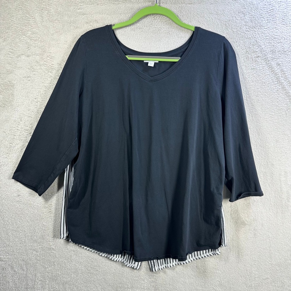 J. Jill Womens Black Striped Mixed Media Button Back V-Neck Top Large Petite - Picture 1 of 7